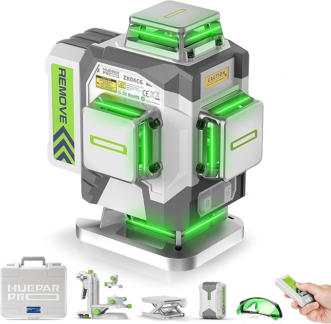 HueparPro 4D 4 × 360° Green Cross‑Line Laser Level – Remote Control, 10‑Hr 8000 mAh Battery, High Accuracy ±1/13″ @ 33 ft