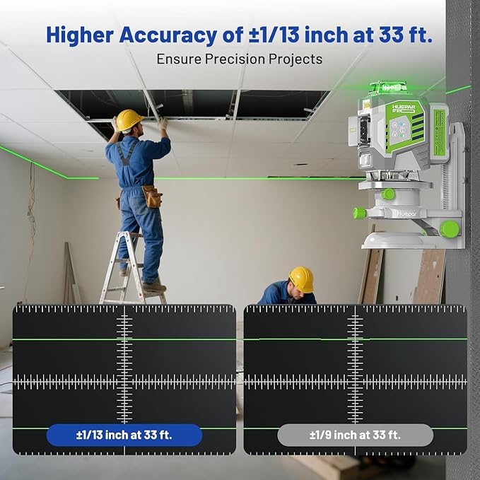 HueparPro 4D 4 × 360° Green Cross‑Line Laser Level – Remote Control, 10‑Hr 8000 mAh Battery, High Accuracy ±1/13″ @ 33 ft