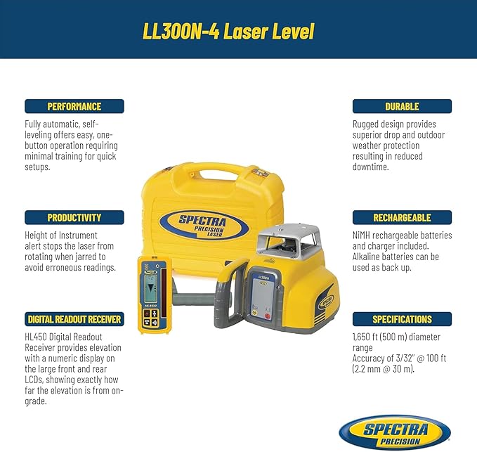 Spectra Precision LL300N-4 Rotary Laser Level with HL450 Receiver