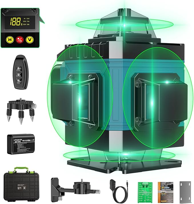 4x360° Professional Laser Level with Rechargeable Batteries - Adjustable Brightness & Waterproof