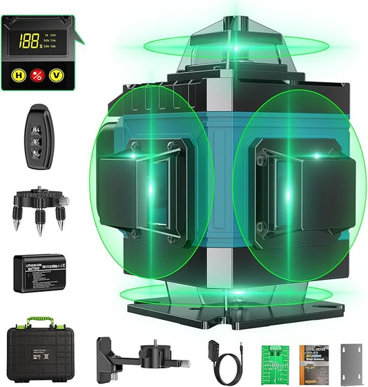 4x360° Professional Laser Level with Rechargeable Batteries - Adjustable Brightness & Waterproof