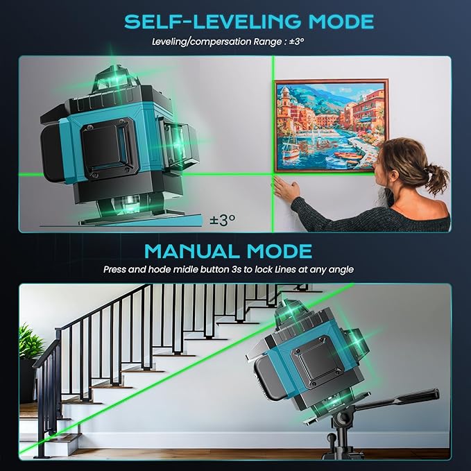 4x360° Professional Laser Level with Rechargeable Batteries - Adjustable Brightness & Waterproof