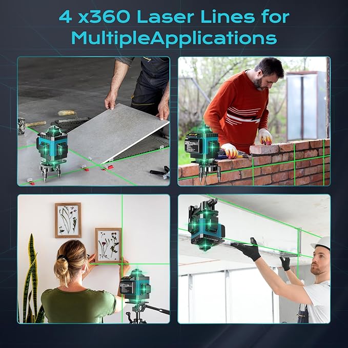 4x360° Professional Laser Level with Rechargeable Batteries - Adjustable Brightness & Waterproof