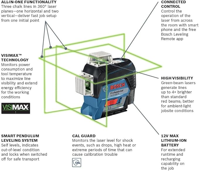 Bosch GLL3-330CG 360-Degree Three-Plane Alignment Line Laser – Precision Laser Level with Green Beam for Professional Use