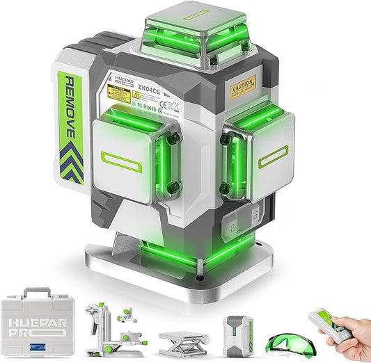 HueparPro 4D 4 × 360° Green Cross‑Line Laser Level – Remote Control, 10‑Hr 8000 mAh Battery, High Accuracy ±1/13″ @ 33 ft