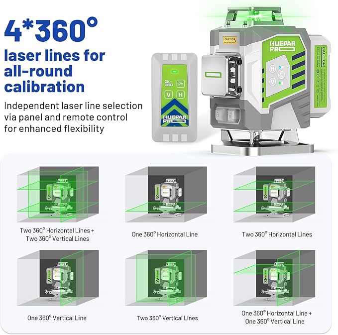 HueparPro 4D 4 × 360° Green Cross‑Line Laser Level – Remote Control, 10‑Hr 8000 mAh Battery, High Accuracy ±1/13″ @ 33 ft
